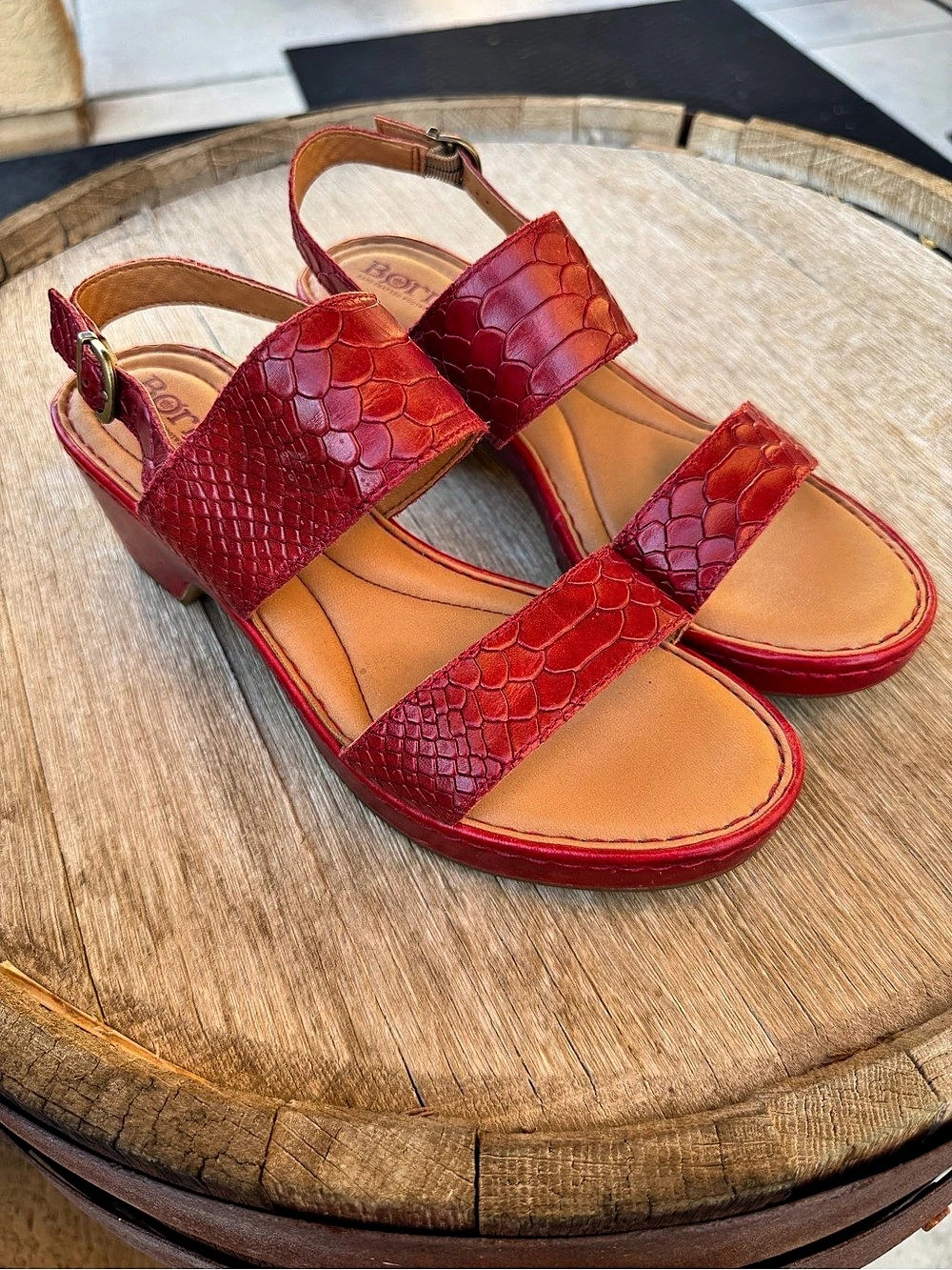 Born Atzel Red Snake Embossed Leather Block Heel Sandals 7.5M